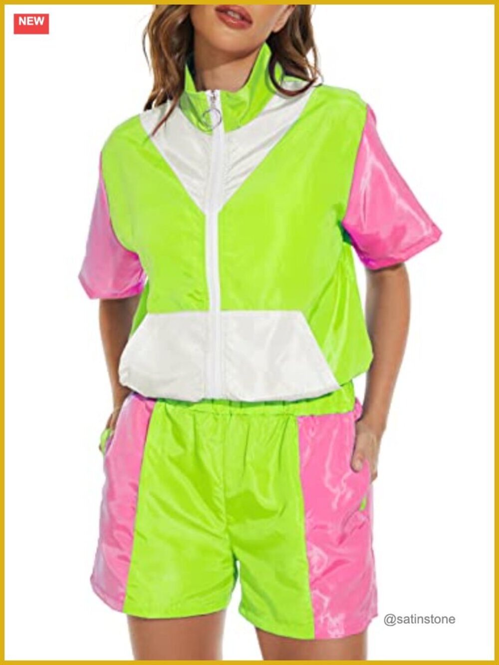 2 Piece Color Block Windbreaker Set Short Sleeve Zip Cropped Jacket & Shorts